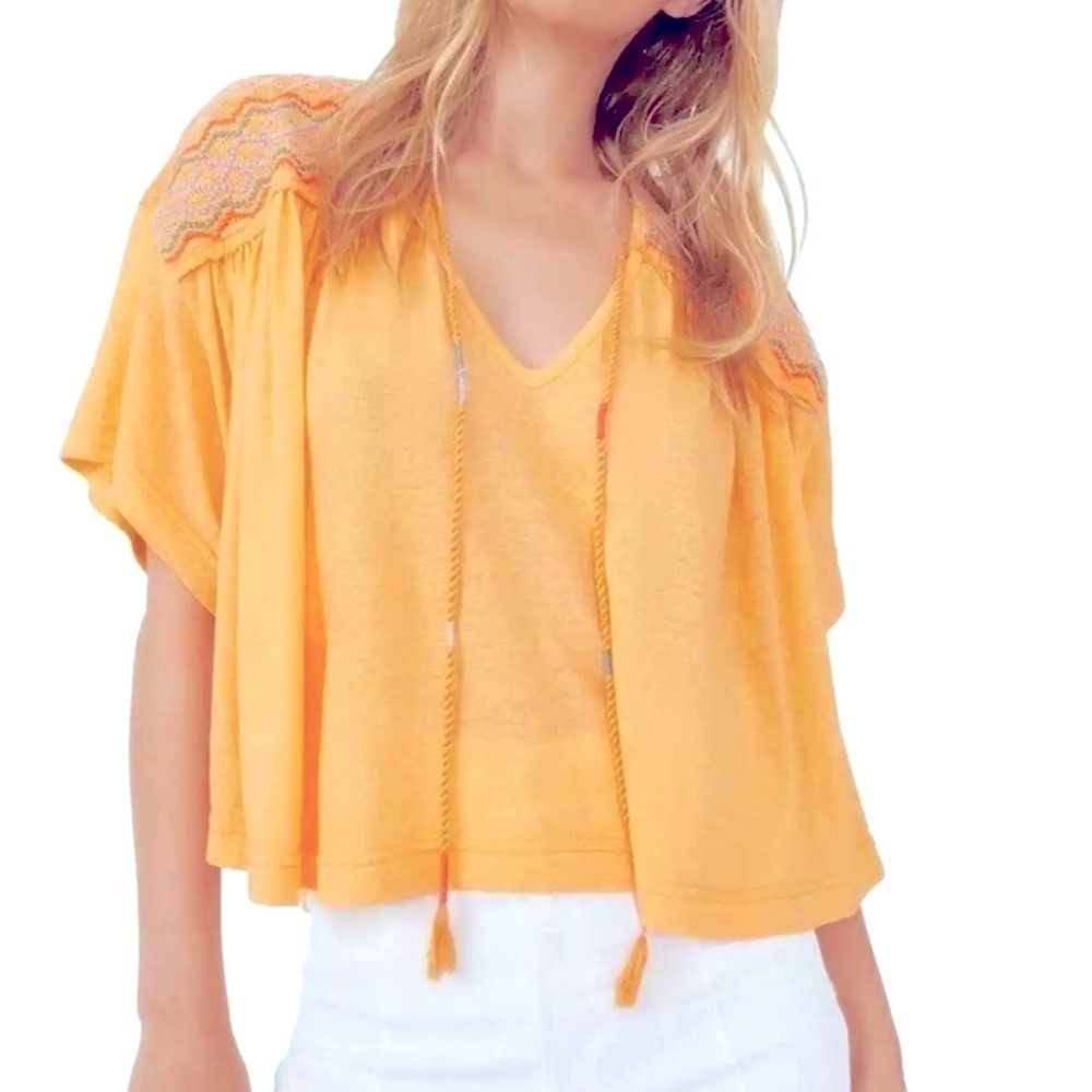 Free People Size Medium Women's Embroidered Tie-Neck Top Carrot Ginger